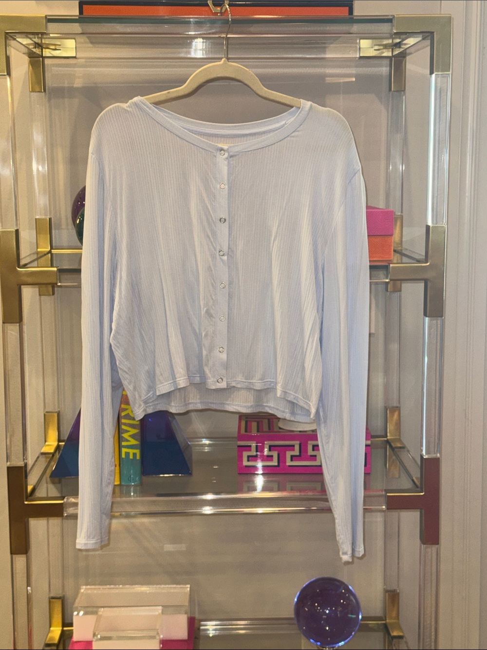 aerie Pale Blue Ribbed Button-Front Long Sleeve Top